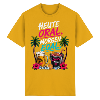 Frontansicht des goldfarbenen Heavy Cotton T-Shirts mit grafischem Druck und kurzen Ärmeln.