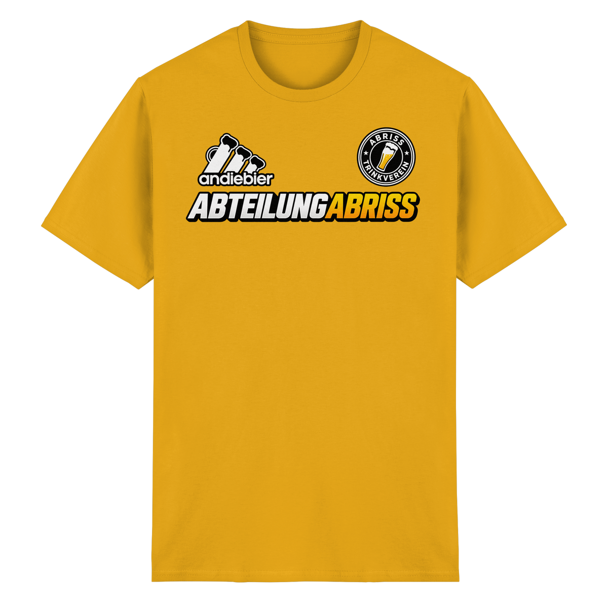 Frontansicht des goldfarbenen Baumwoll T-Shirts mit grafischem Druck und kurzen Ärmeln.