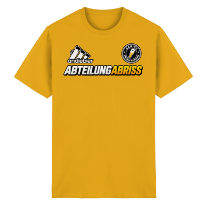 Frontansicht des goldfarbenen Baumwoll T-Shirts mit grafischem Druck und kurzen Ärmeln.