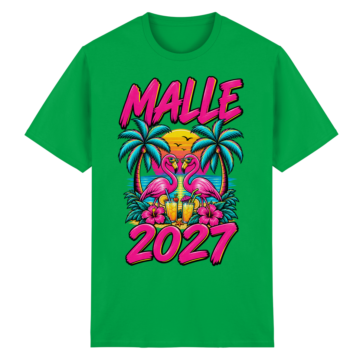 Frontansicht des grünen T-Shirts mit grafischem Druck und kurzen Ärmeln.