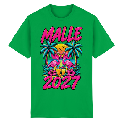 Frontansicht des grünen T-Shirts mit grafischem Druck und kurzen Ärmeln.