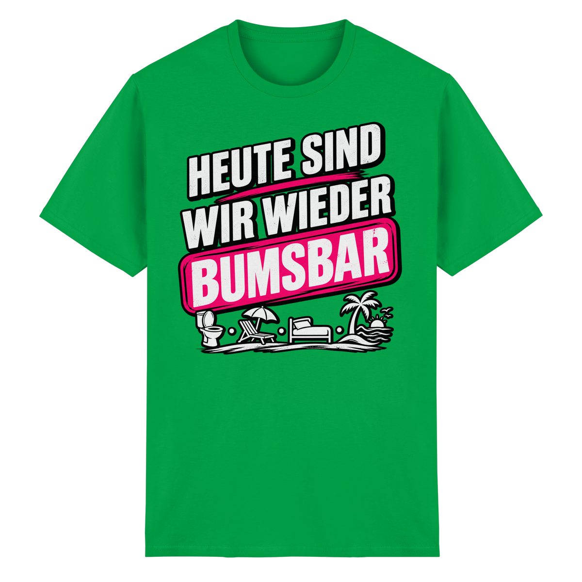 Frontansicht des grünen Baumwollshirts mit grafischem Druck und kurzen Ärmeln.