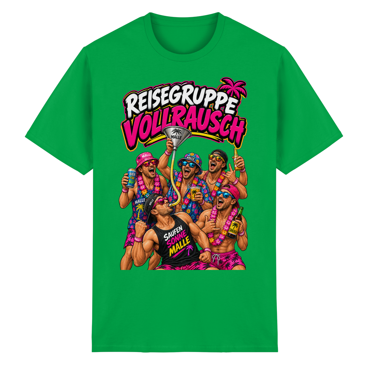 Vorderansicht des grünen T-Shirts mit grafischem Druck und kurzen Ärmeln.