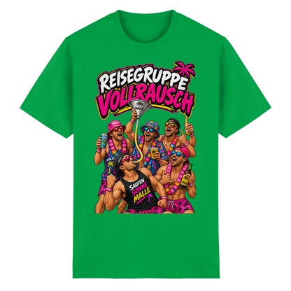 Vorderansicht des grünen T-Shirts mit grafischem Druck und kurzen Ärmeln.