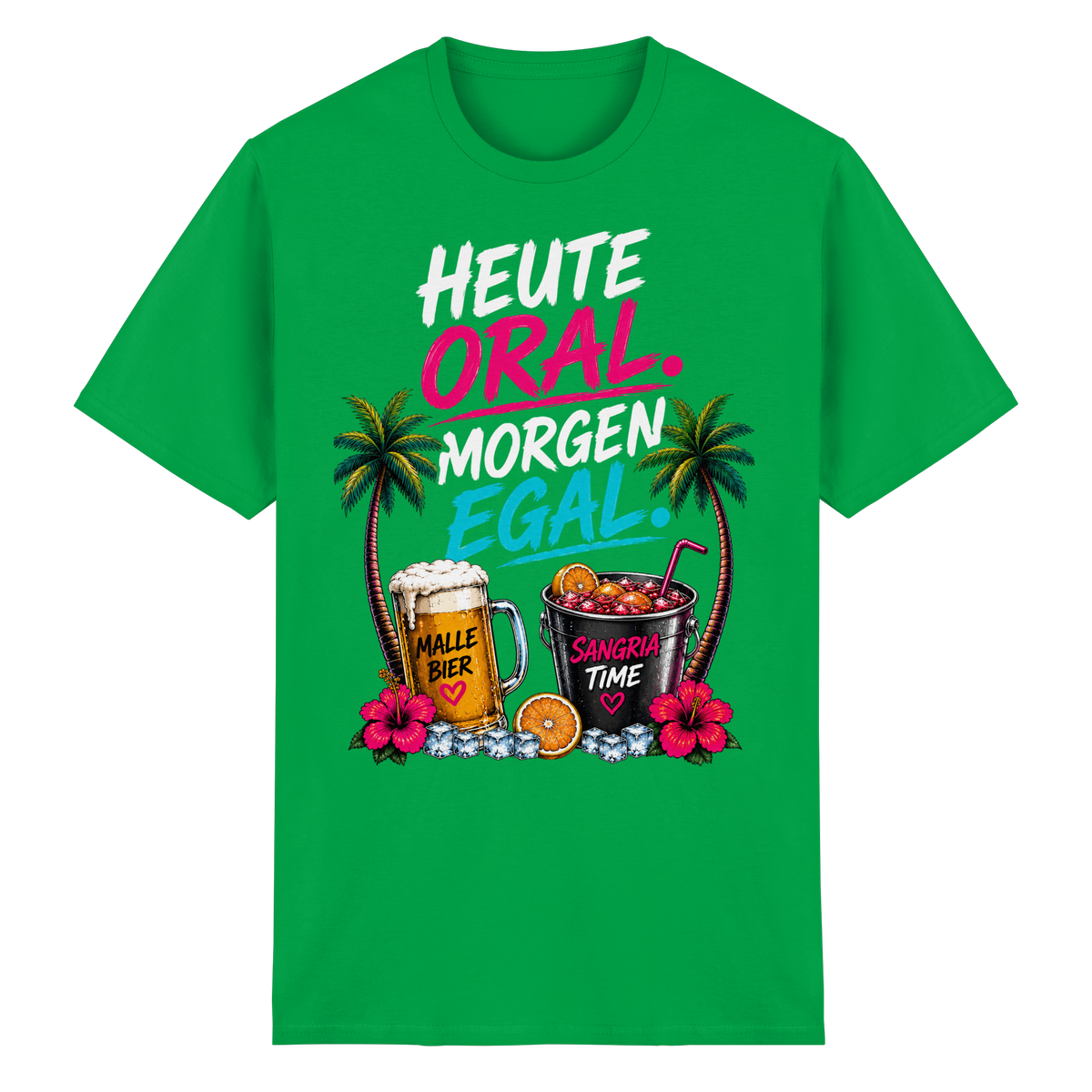 Frontansicht des grünen Heavy Cotton T-Shirts mit grafischem Druck und kurzen Ärmeln.