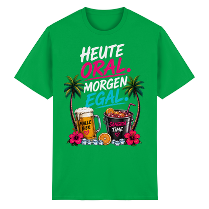Frontansicht des grünen Heavy Cotton T-Shirts mit grafischem Druck und kurzen Ärmeln.