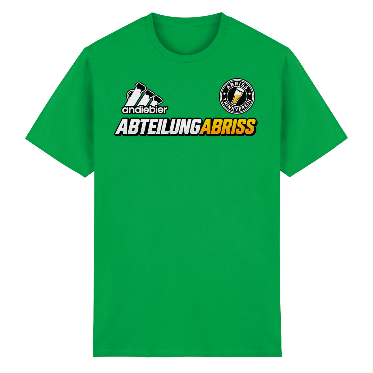 Frontansicht des grünen Baumwoll T-Shirts mit grafischem Druck und kurzen Ärmeln.