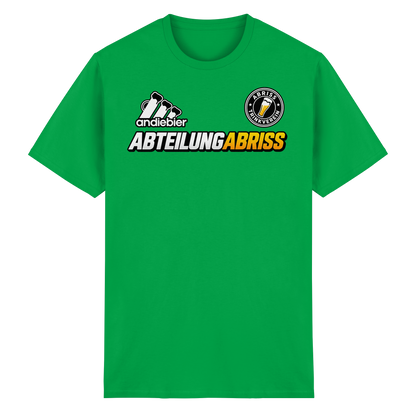 Frontansicht des grünen Baumwoll T-Shirts mit grafischem Druck und kurzen Ärmeln.