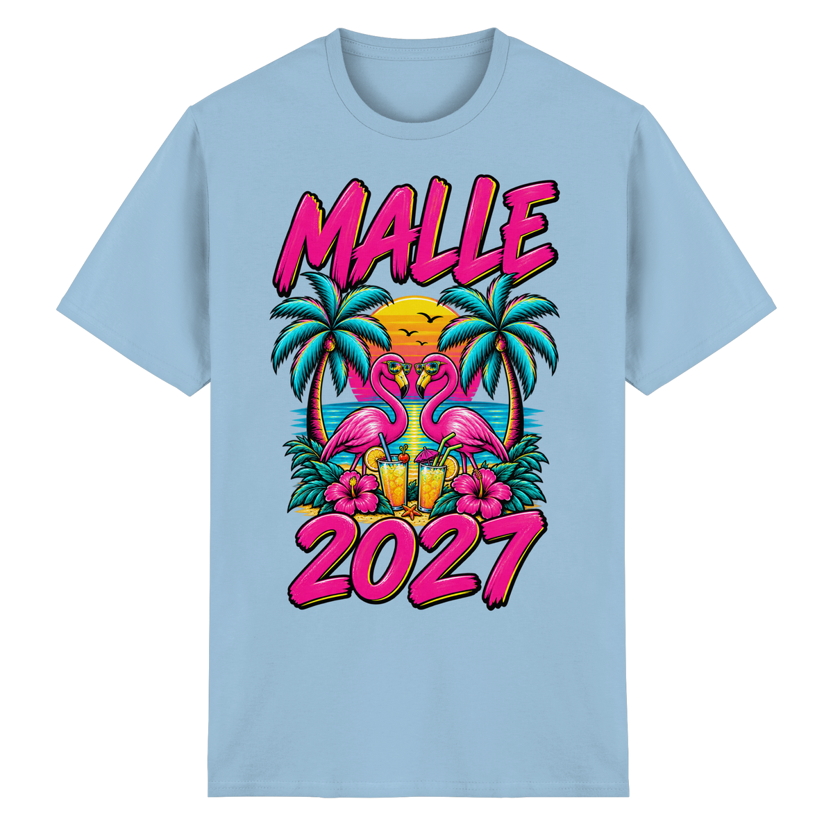 Frontansicht des hellblauen T-Shirts mit grafischem Druck und kurzen Ärmeln.