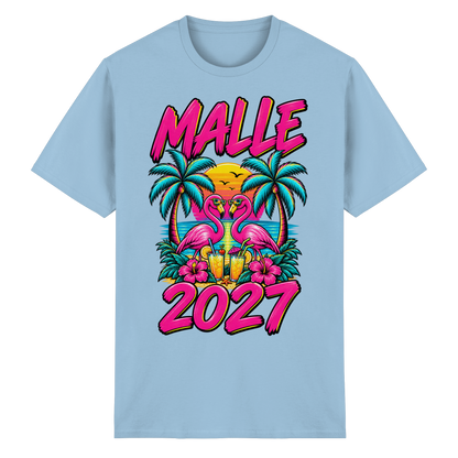 Frontansicht des hellblauen T-Shirts mit grafischem Druck und kurzen Ärmeln.