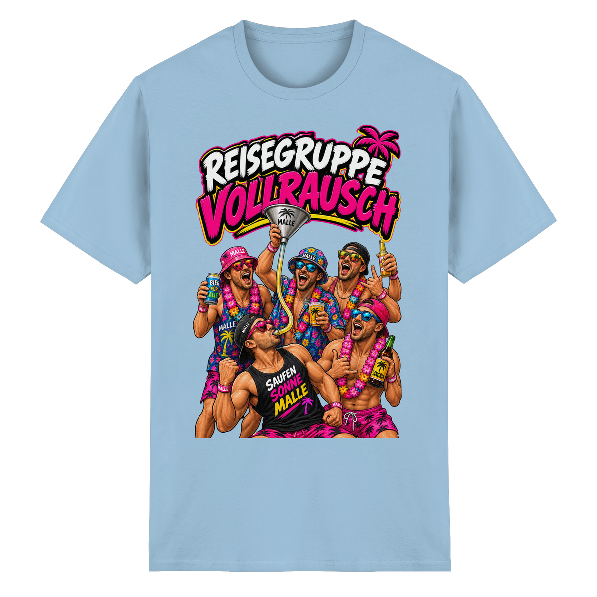 Vorderansicht des hellblauen T-Shirts mit grafischem Druck und kurzen Ärmeln.
