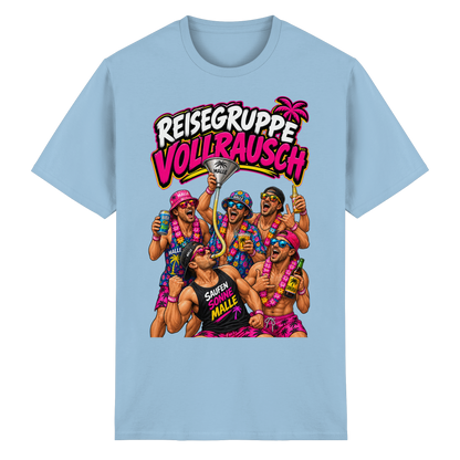 Vorderansicht des hellblauen T-Shirts mit grafischem Druck und kurzen Ärmeln.