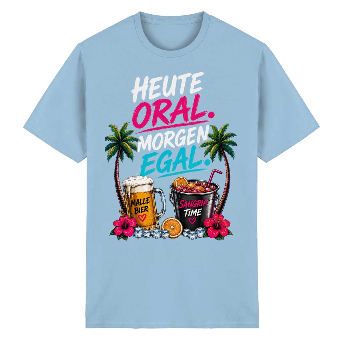 Frontansicht des hellblauen Heavy Cotton T-Shirts mit grafischem Druck, Palmenmotiven und floralen Akzenten.
