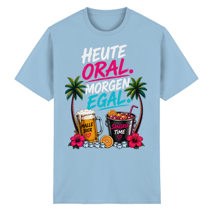 Frontansicht des hellblauen Heavy Cotton T-Shirts mit grafischem Druck, Palmenmotiven und floralen Akzenten.