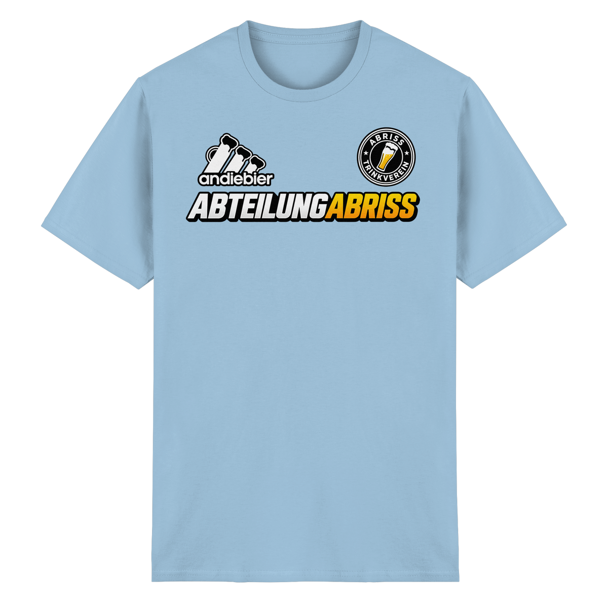 Frontansicht des hellblauen Baumwoll T-Shirts mit grafischem Druck und kurzen Ärmeln.