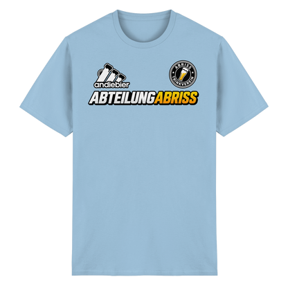 Frontansicht des hellblauen Baumwoll T-Shirts mit grafischem Druck und kurzen Ärmeln.