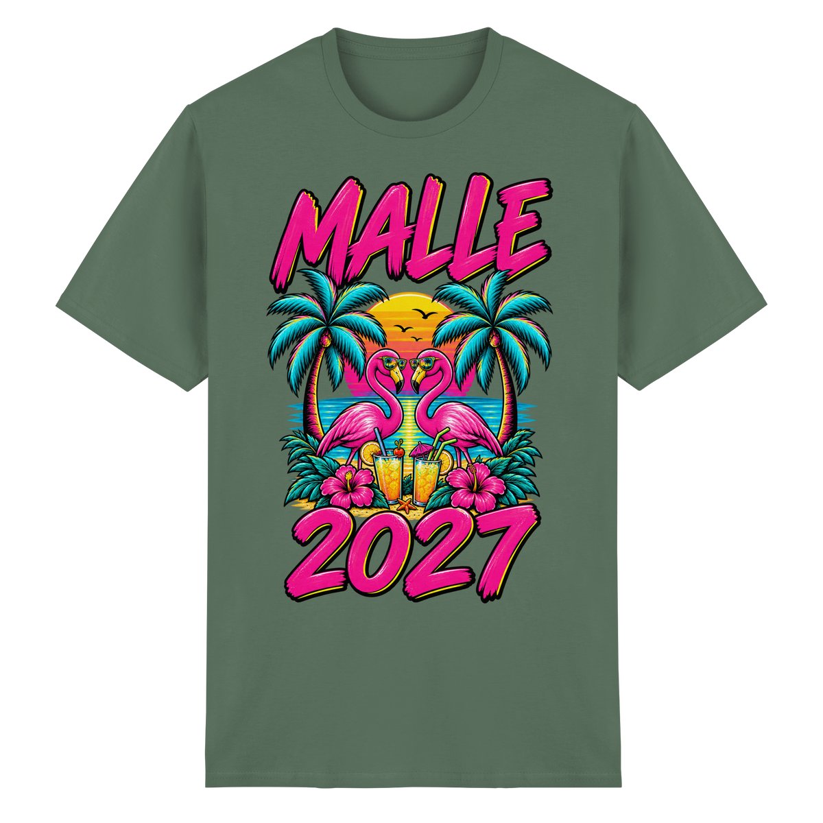 Frontansicht des militärgrünen T-Shirts mit grafischem Druck und kurzen Ärmeln.
