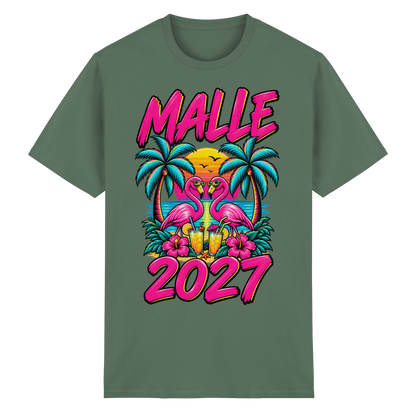 Frontansicht des militärgrünen T-Shirts mit grafischem Druck und kurzen Ärmeln.