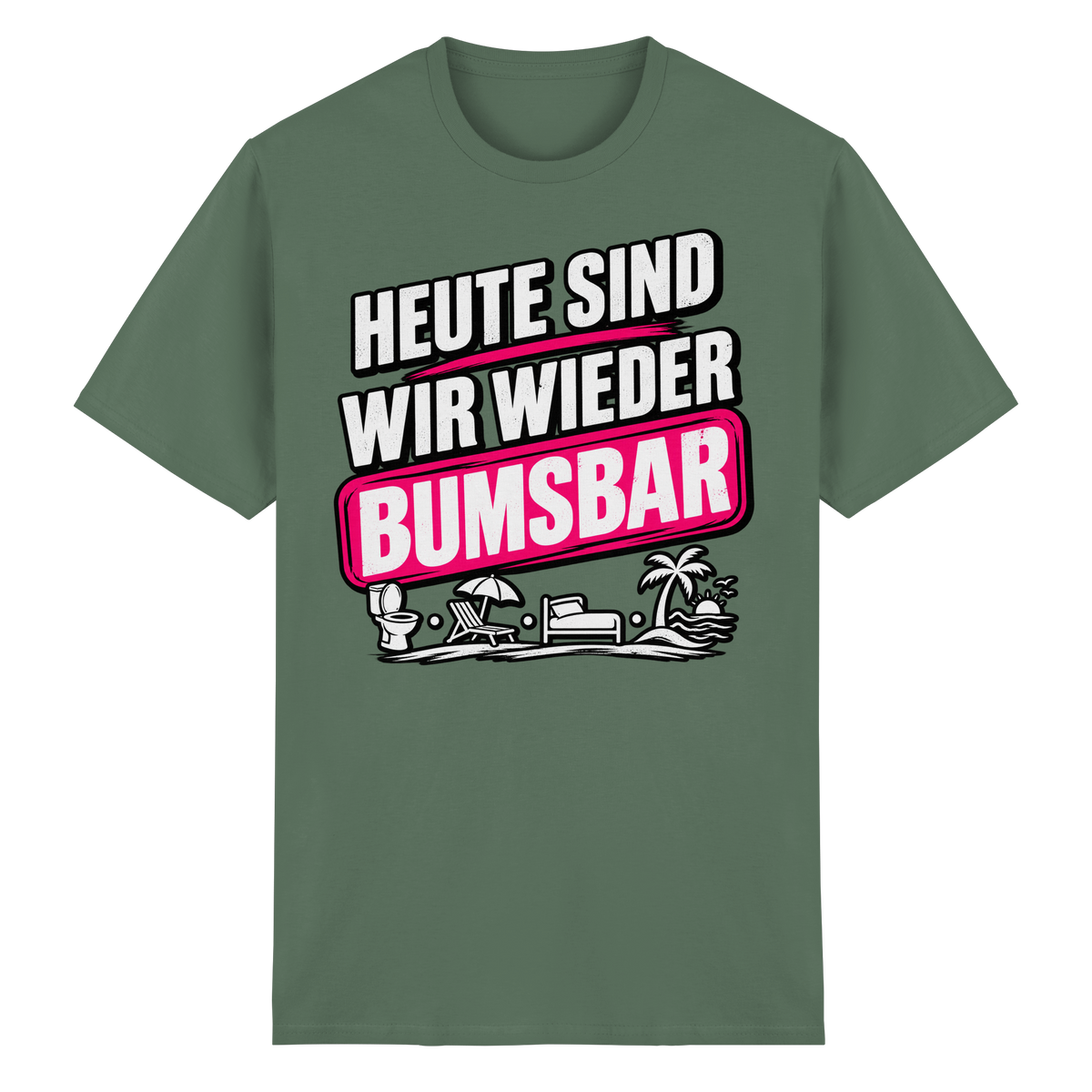Frontansicht des olivgrünen Baumwollshirts mit grafischem Druck und kurzen Ärmeln.