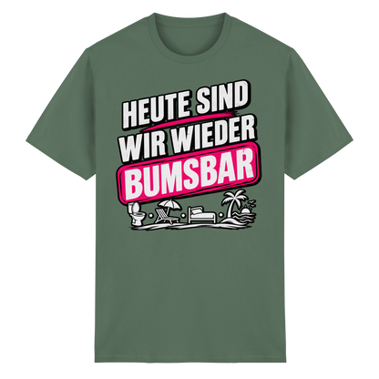 Frontansicht des olivgrünen Baumwollshirts mit grafischem Druck und kurzen Ärmeln.