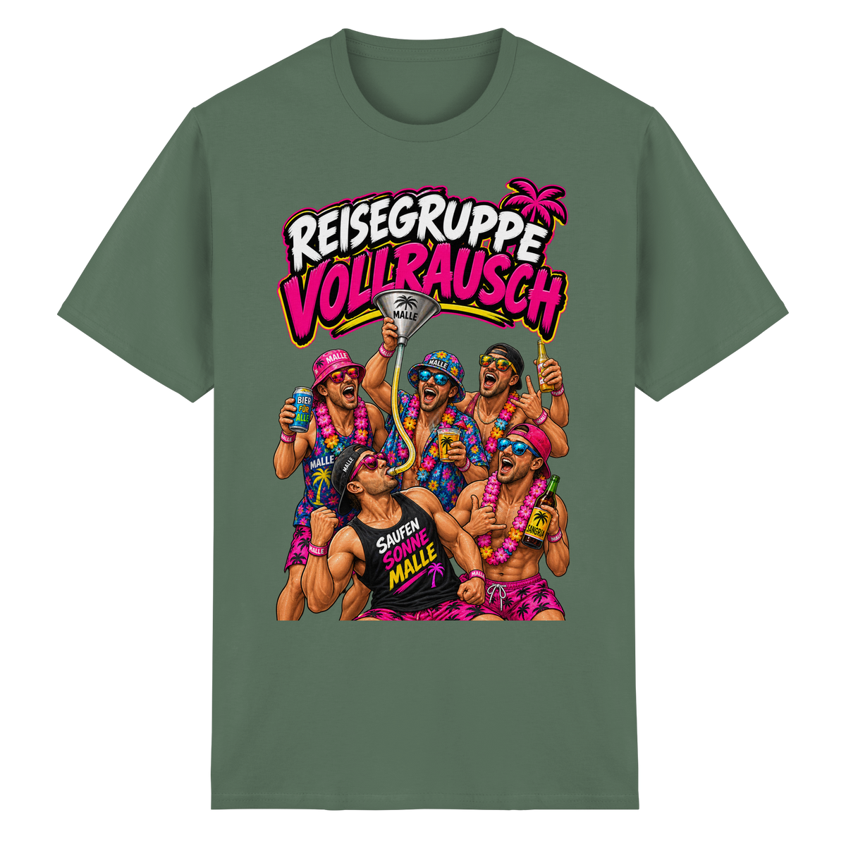 Vorderansicht des militärgrünen T-Shirts mit grafischem Druck und kurzen Ärmeln.