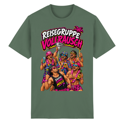 Vorderansicht des militärgrünen T-Shirts mit grafischem Druck und kurzen Ärmeln.