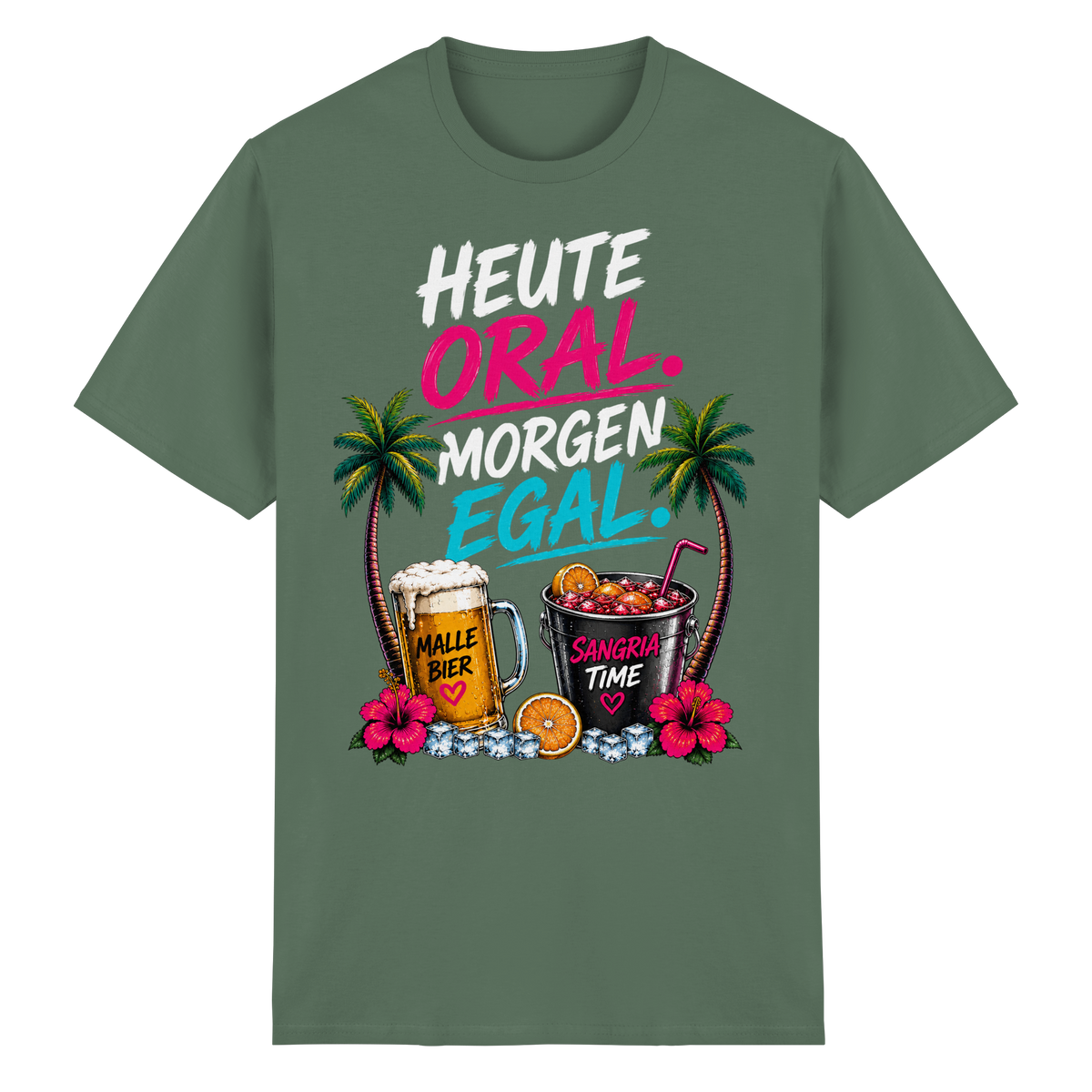 Frontansicht des militärgrünen Heavy Cotton T-Shirts mit grafischem Druck und kurzen Ärmeln.
