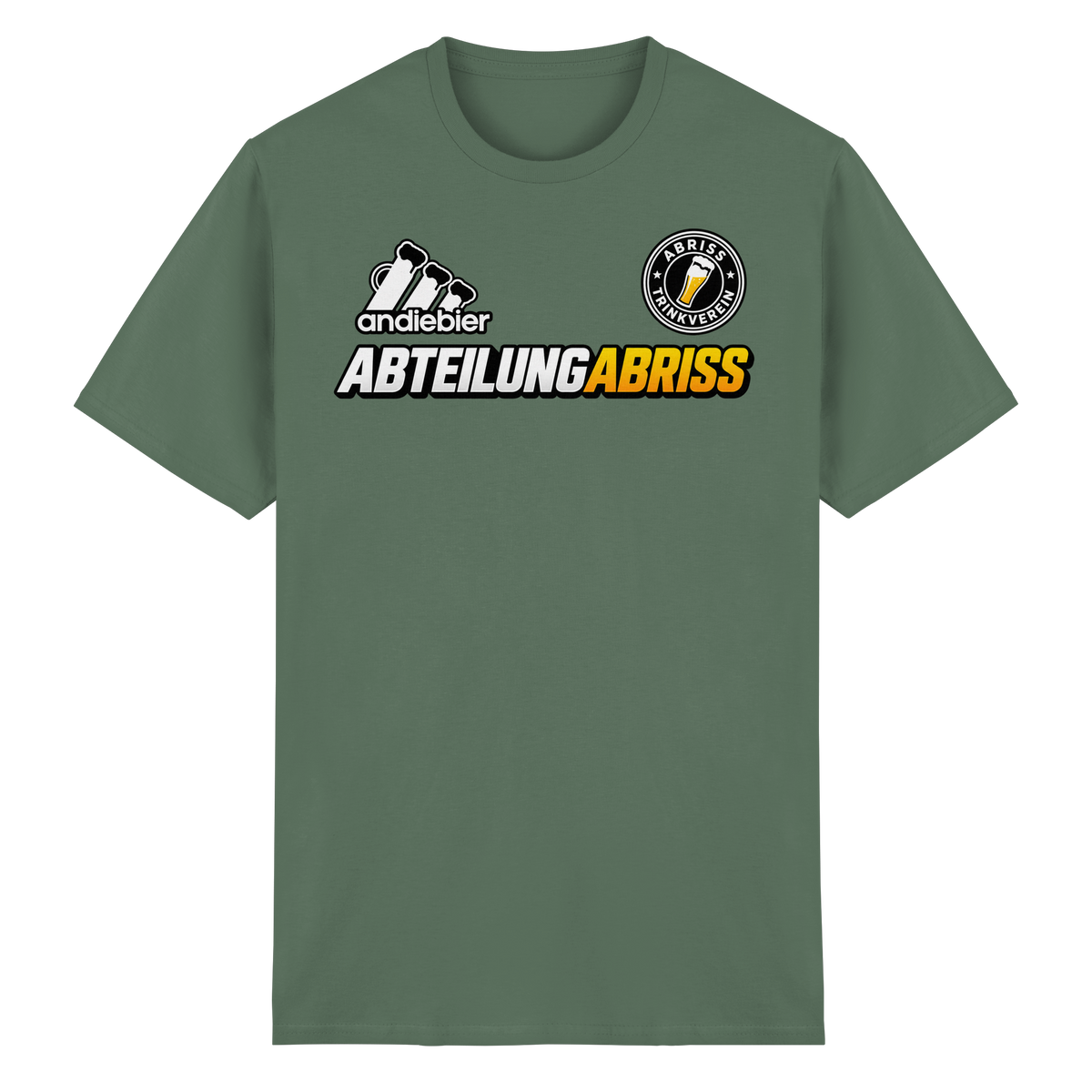 Frontansicht des olivgrünen Baumwoll T-Shirts mit grafischem Druck und kurzen Ärmeln.