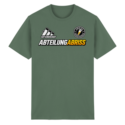 Frontansicht des olivgrünen Baumwoll T-Shirts mit grafischem Druck und kurzen Ärmeln.