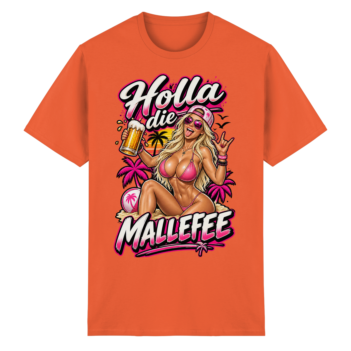 Frontansicht des orangen Malle Shirts mit grafischem Druck und kurzen Ärmeln.