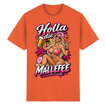 Frontansicht des orangen Malle Shirts mit grafischem Druck und kurzen Ärmeln.