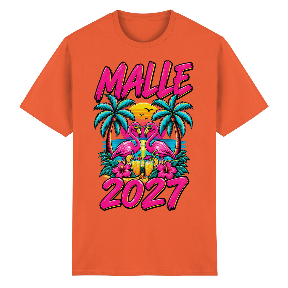 Frontansicht des orangefarbenen T-Shirts mit grafischem Druck und kurzen Ärmeln.