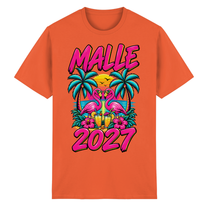 Frontansicht des orangefarbenen T-Shirts mit grafischem Druck und kurzen Ärmeln.