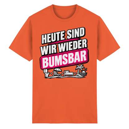 Frontansicht des orangefarbenen Baumwollshirts mit grafischem Druck und kurzen Ärmeln.