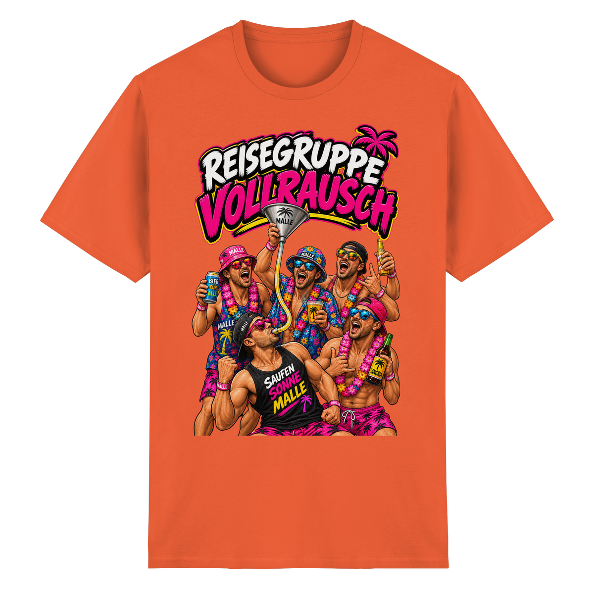 Vorderansicht des orangen T-Shirts mit grafischem Druck und kurzen Ärmeln.