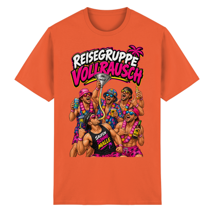 Vorderansicht des orangen T-Shirts mit grafischem Druck und kurzen Ärmeln.