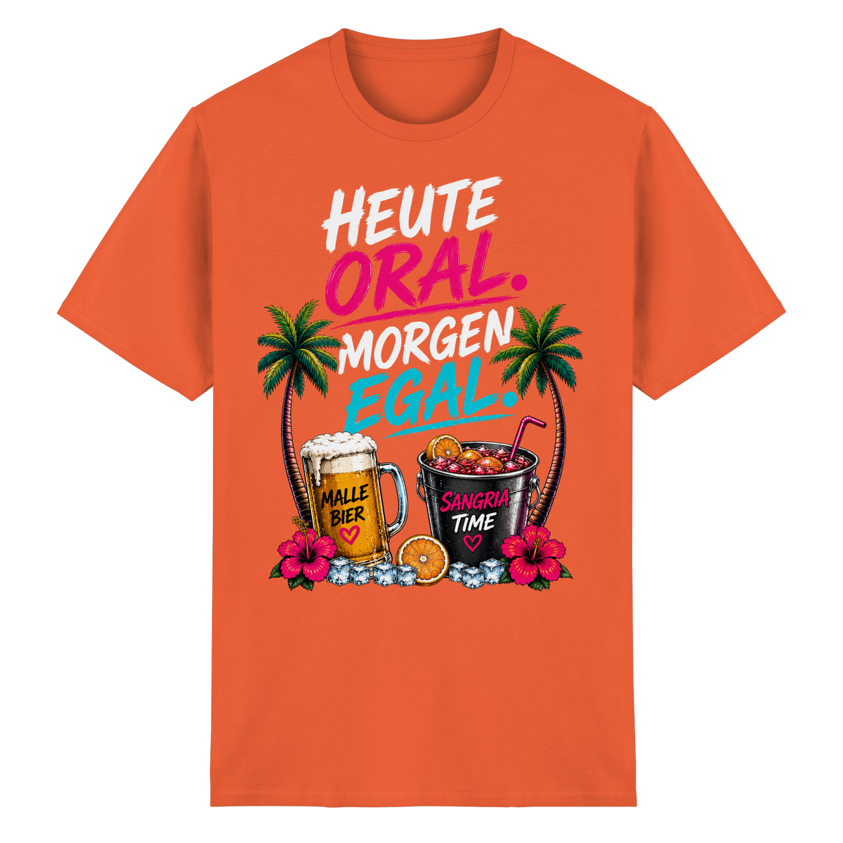 Frontansicht des orangefarbenen Heavy Cotton T-Shirts mit grafischem Druck und Palmenmotiven.