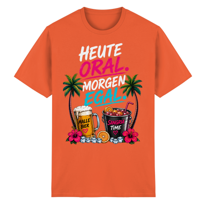Frontansicht des orangefarbenen Heavy Cotton T-Shirts mit grafischem Druck und Palmenmotiven.