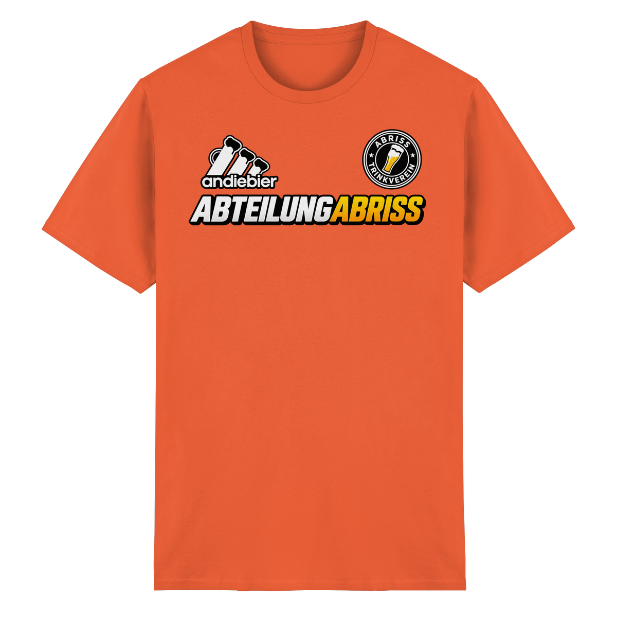 Frontansicht des orangefarbenen Baumwoll T-Shirts mit grafischem Druck und kurzen Ärmeln.
