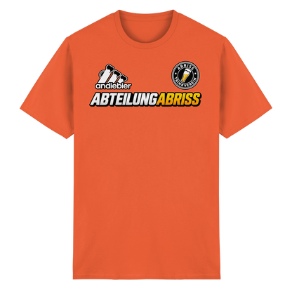 Frontansicht des orangefarbenen Baumwoll T-Shirts mit grafischem Druck und kurzen Ärmeln.