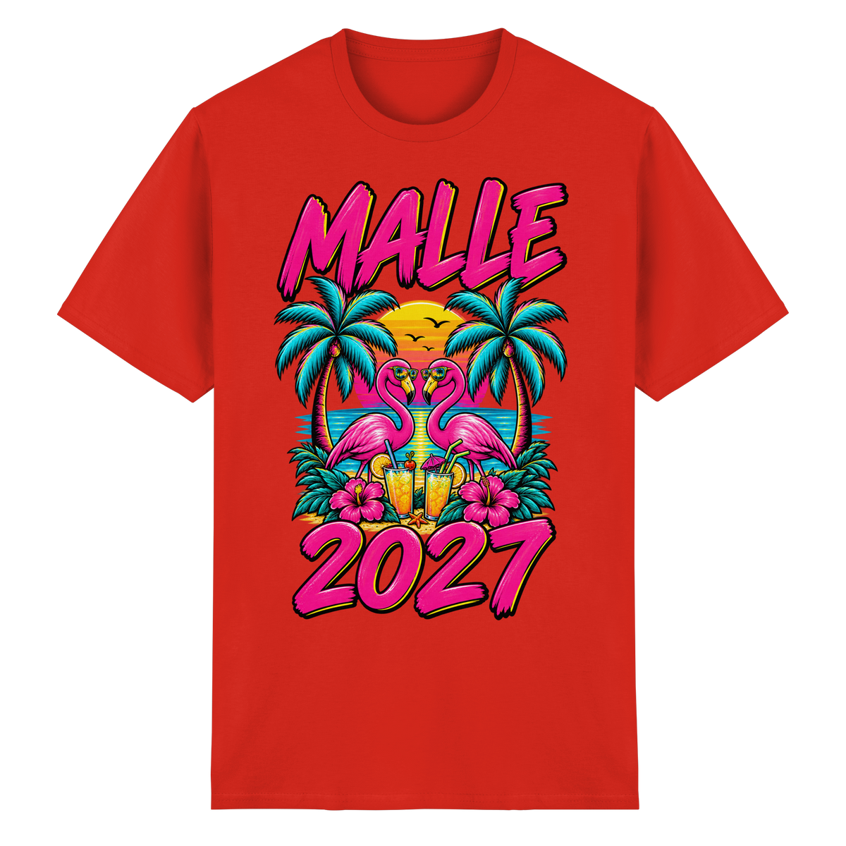 Frontansicht des roten T-Shirts mit grafischem Druck und kurzen Ärmeln.