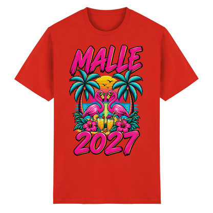 Frontansicht des roten T-Shirts mit grafischem Druck und kurzen Ärmeln.
