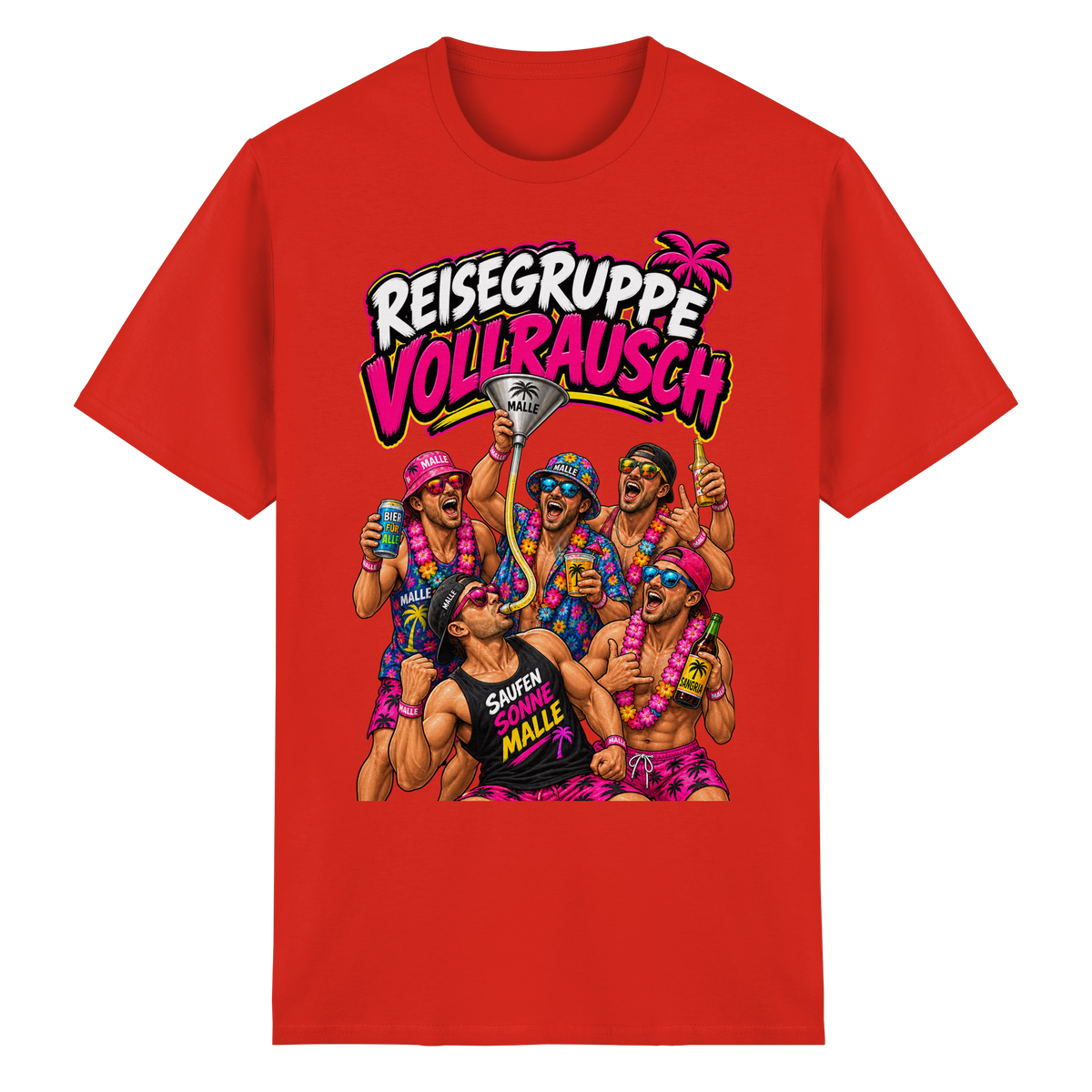 Vorderansicht des roten T-Shirts mit grafischem Druck und kurzen Ärmeln.
