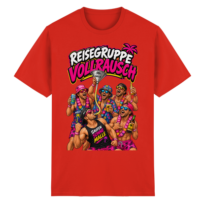Vorderansicht des roten T-Shirts mit grafischem Druck und kurzen Ärmeln.