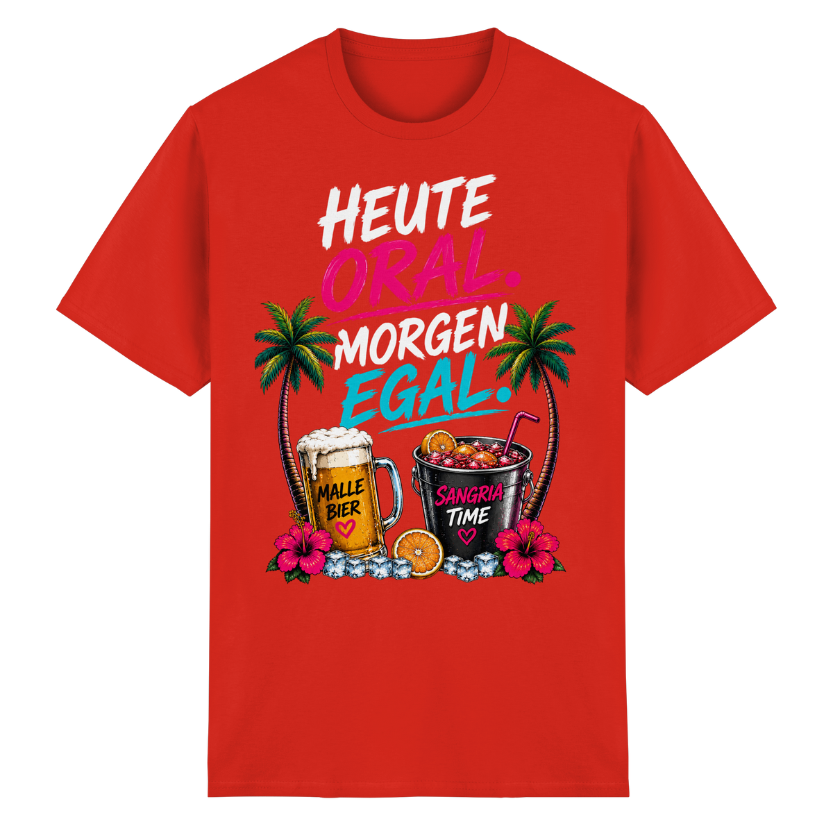 Frontansicht des roten Heavy Cotton T-Shirts mit grafischem Druck und kurzen Ärmeln.