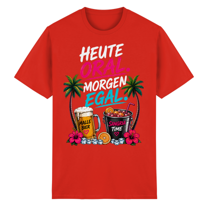 Frontansicht des roten Heavy Cotton T-Shirts mit grafischem Druck und kurzen Ärmeln.