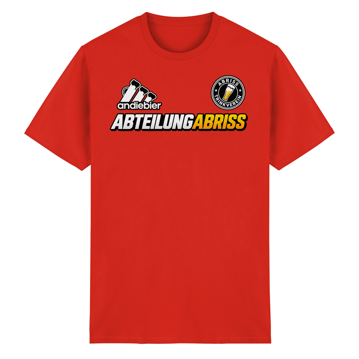 Frontansicht des roten Baumwoll T-Shirts mit grafischem Druck und kurzen Ärmeln.