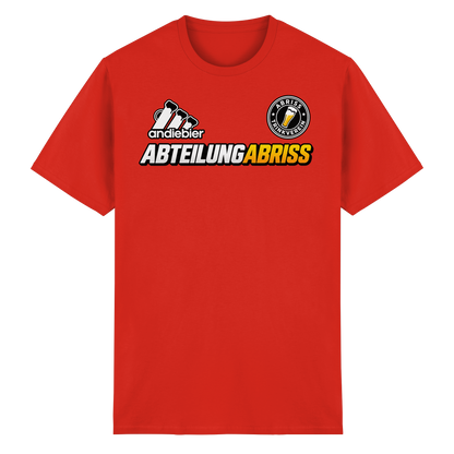 Frontansicht des roten Baumwoll T-Shirts mit grafischem Druck und kurzen Ärmeln.