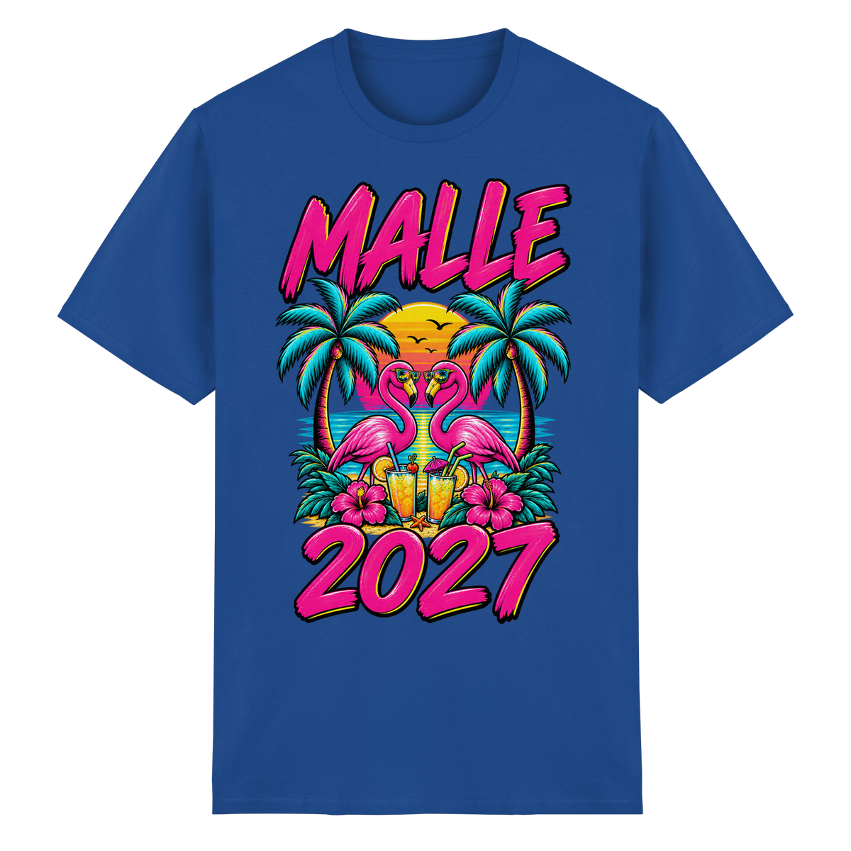 Frontansicht des königsblauen T-Shirts mit grafischem Druck und kurzen Ärmeln.