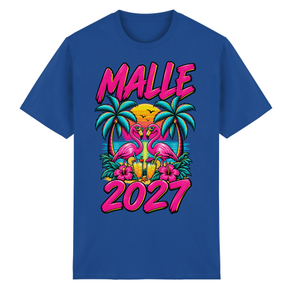 Frontansicht des königsblauen T-Shirts mit grafischem Druck und kurzen Ärmeln.